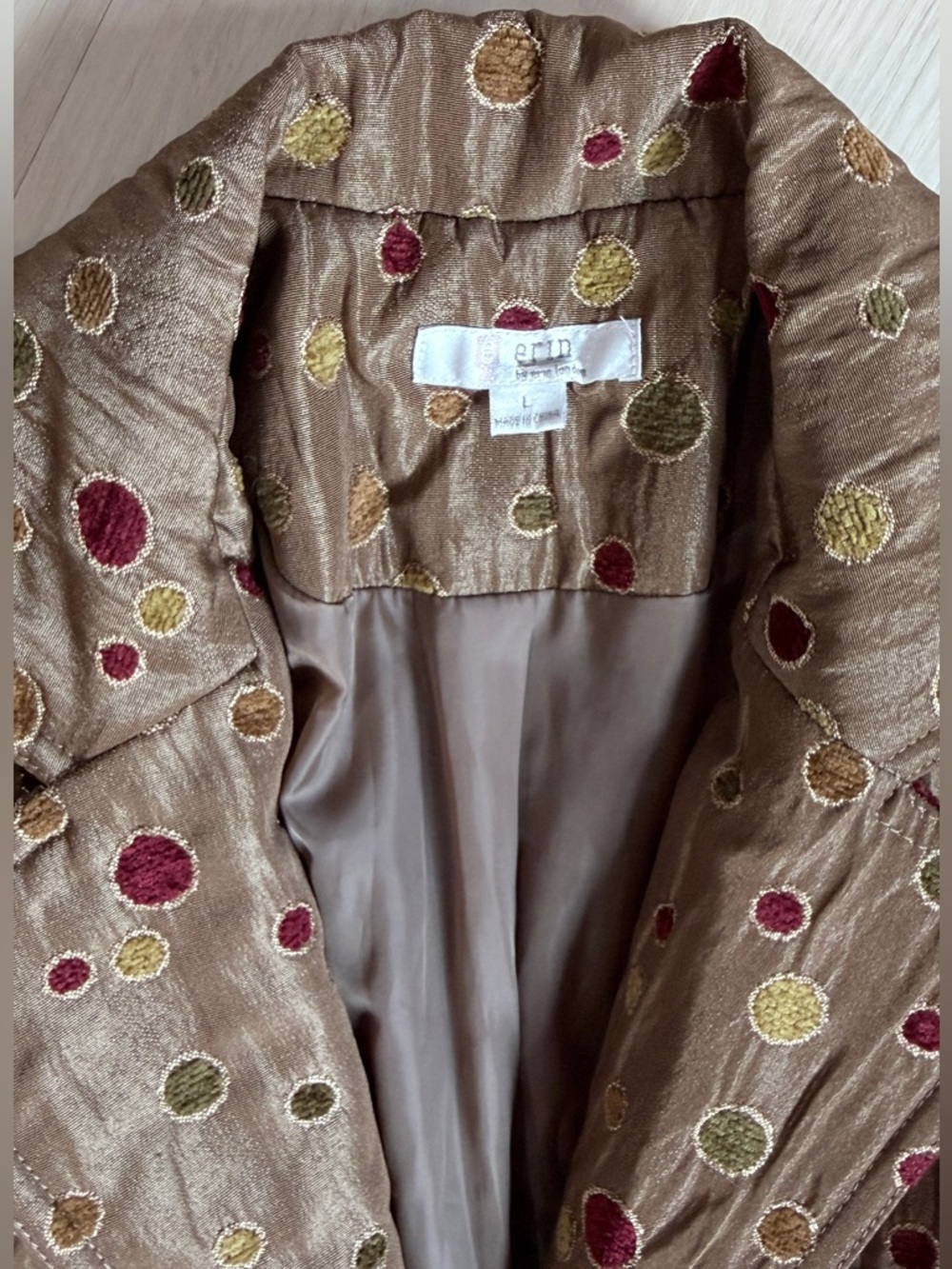 erin london Tan Trench Coat with Multicolor Embroidered Dots
